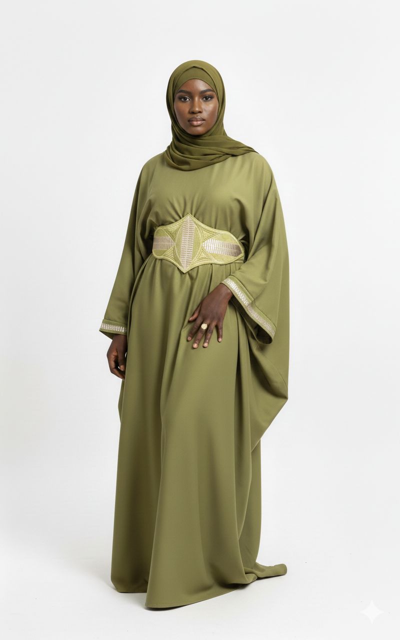 Robe Naïma vert olive brodée avec ceinture – Kia Ladys