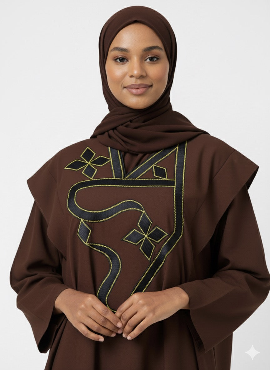 Boubou marron en fil à fil brodé noir et or – Kia Ladys