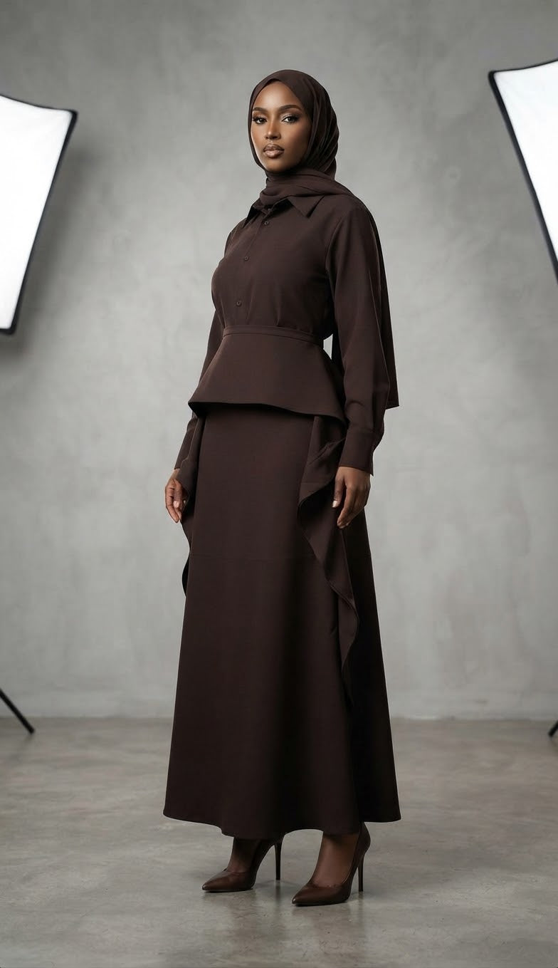 Ensemble tailleur marron chocolat, chemise et jupe à volants – Kia Ladys