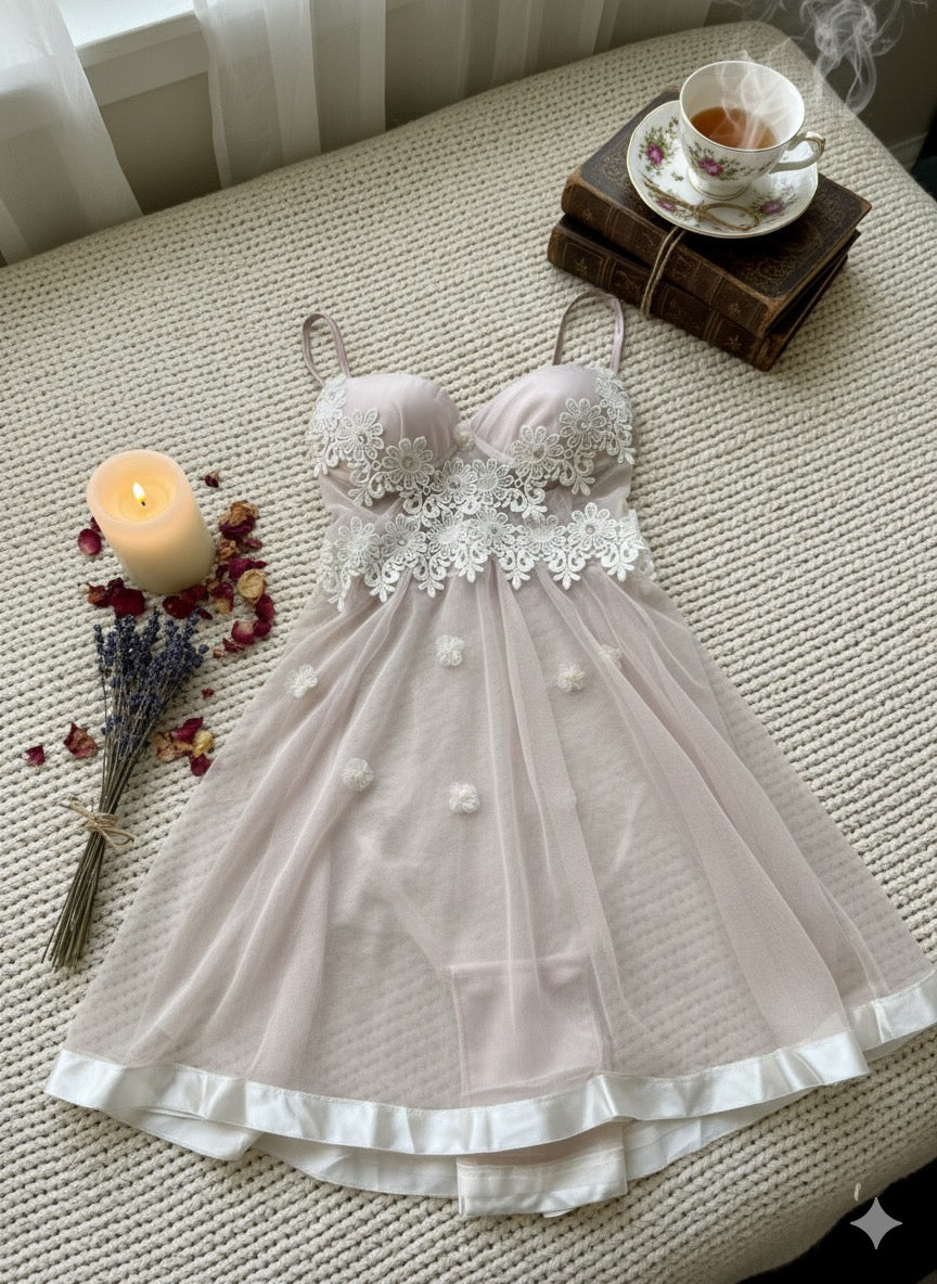 Nuisette en tulle rose poudre