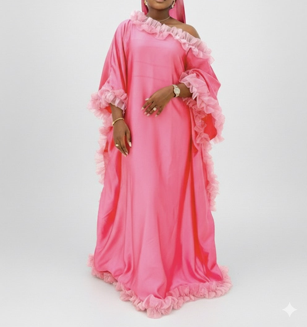 Boubou long rose en soie avec volants en organza – Kia Ladys