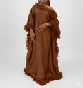 Boubou long marron en soie avec volants en organza – Kia Ladys
