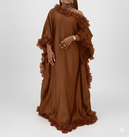 Boubou long marron en soie avec volants en organza – Kia Ladys