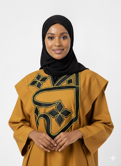 Boubou jaune moutarde en fil à fil brodé noir – Kia Ladys