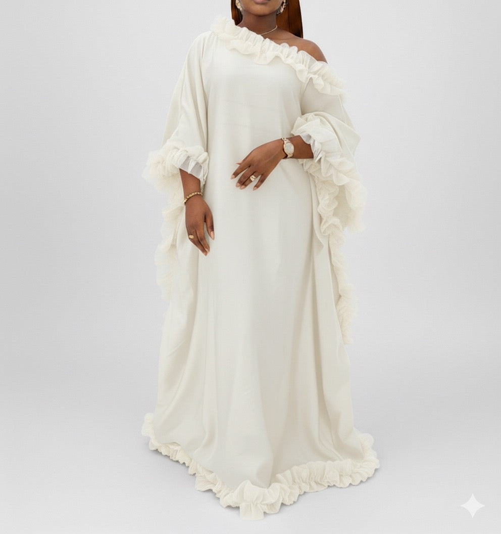 Boubou long blanc en soie avec volants en organza – Kia Ladys